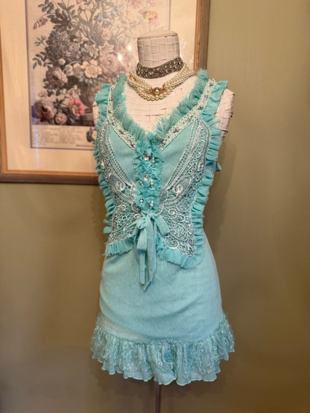 Pretty Angel Silk Blend Butterfly Lace Ruffle Tank Top Aqua Boho Fairy L